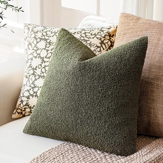 Foindtower Set of 2, Decorative Textured Boucle Throw Pillow Covers Accent Solid Pillow Cases Neutral Soft Cozy Couch Cushion Case for Chair Sofa Bedroom Living Room Home Decor 24x24 Inch Moss Green