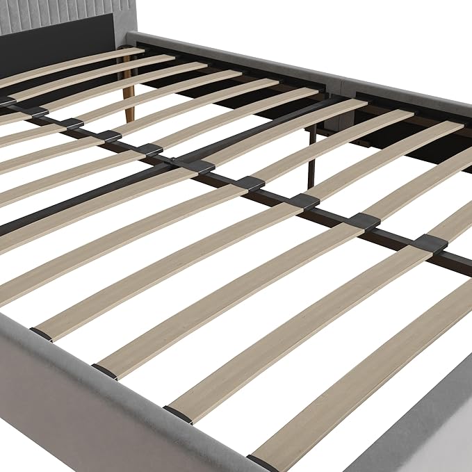 Mr. Kate Daphne Upholstered Queen Bed Frame with Headboard, Modern Platform Velvet Queen Bed Frame, Light Gray Velvet