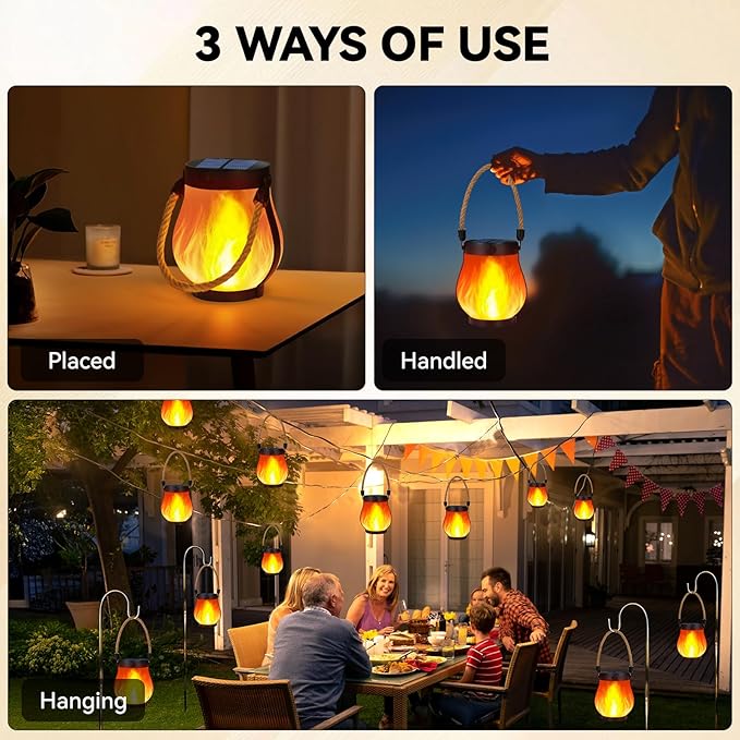 Solar Lanterns Outdoor Waterproof, 2 Pack Dancing Flame Solar Lantern Outdoor Lights, USB/Solar Powered Hanging Outdoor Lanterns Decorative for Outside Porch Yard Garden Patio Decor
