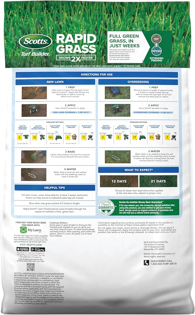 Scotts Turf Builder Rapid Grass Sun and Shade Mix, Grass Seed with Fertilizer for Full, Green Grass in Just Weeks, 10 lbs.