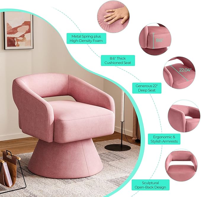 LINSY Swivel Accent Chair, Small Barrel Chair 360 Swivel Modern Armchair, Upholstered Reading Chair for Small Spaces Living Room, Vanity Chair for Bedroom, Pink