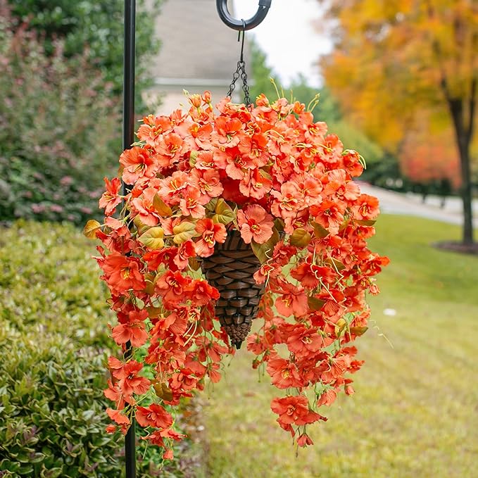 Artificial Fake Fall Hanging Flowers Plants Baskets, 5Pcs Faux Silk Hibiscus Long Vines Outdoor Plants in Planter UV Resistant Realistic Flower for Outside Home Porch Patio Garden (Fall Orange)