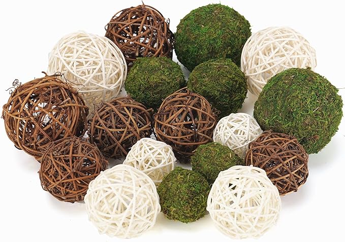 18Pcs Decorative Balls for Centerpiece Bowl - 6Pcs Fake Moss Balls + 12Pcs Rattan Wicker Balls, Artificial Moss Decorative Balls Vase Fillers for Home Garden Wedding Party Decor (Rustic)