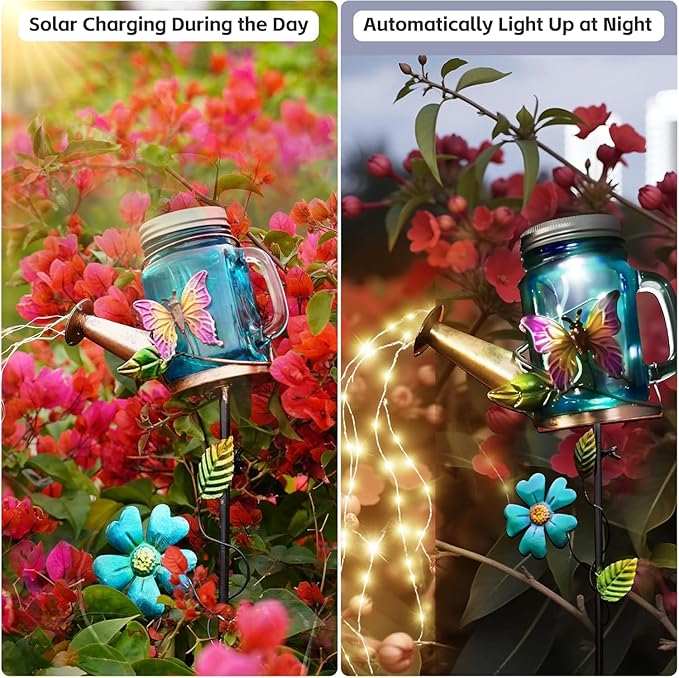 Solar Watering Can Light, Yard Outdoor Decor Lights, IP65 Waterproof, Hanging Butterfly Garden Light, Outside Garden Flower Bed Decor, Women Gift, Birthday Gifts