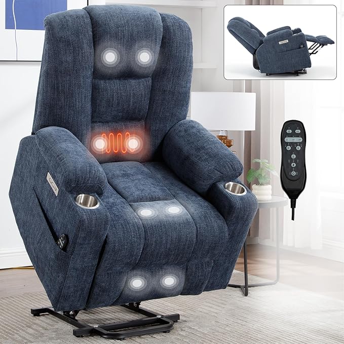 Large Power Lift Recliner Chair for Eldery, Overstuffed Wide Recliners with Massage and Heat, Electric Living Room Chairs with USB Charge Port, 2 Cup Holders, Blue