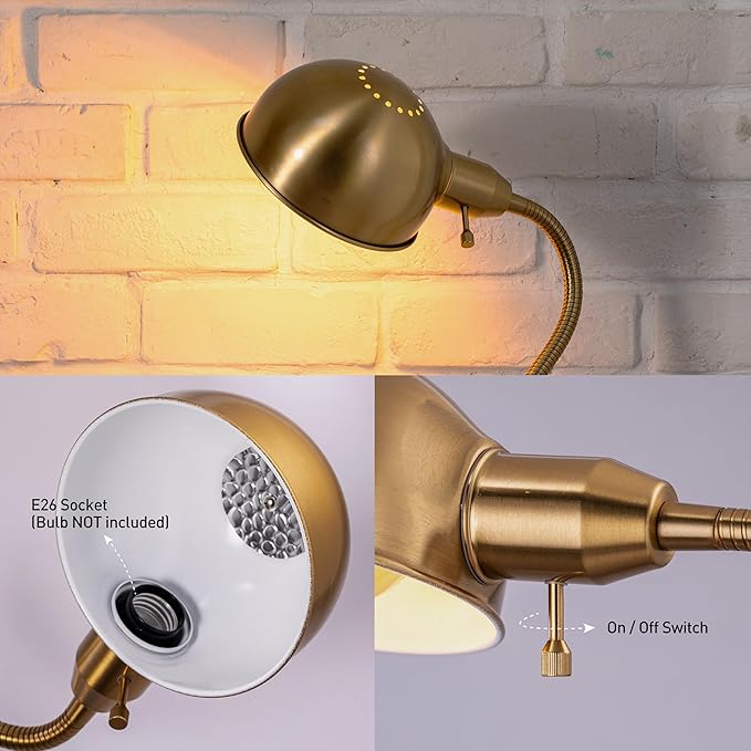 O'Bright Nova - Adjustable Floor Lamp with Flexible Gooseneck and Rotatable Shade, E26 Socket, 10-Inch Base - Ideal for Reading, Bedside, Living Room, Antique Brass