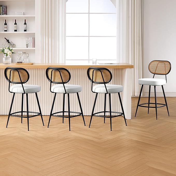 BFZ Counter Height Bar Stools Set of 4, 26" Seat Height Barstools with Rattan Back and Metal Legs, Upholstered Faux Leather Bar Chairs for Kitchen Island, Home Bar, Beige
