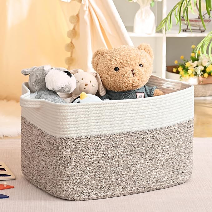 Large Blanket Basket, 100 L Rectangle Storage Baskets for Organizing, Woven Laundry Basket for Blankets, Cotton rope Blanket Storage for Living Room, Nursery Room, Brown