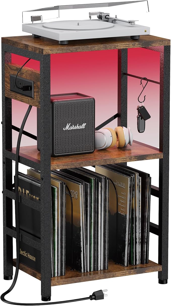 End Table with LED Light,Record Player Stand with Charging Station,Vinyl Records Storage,Turntable Stand Albums Storage for Music Room Studio-Modern Brown