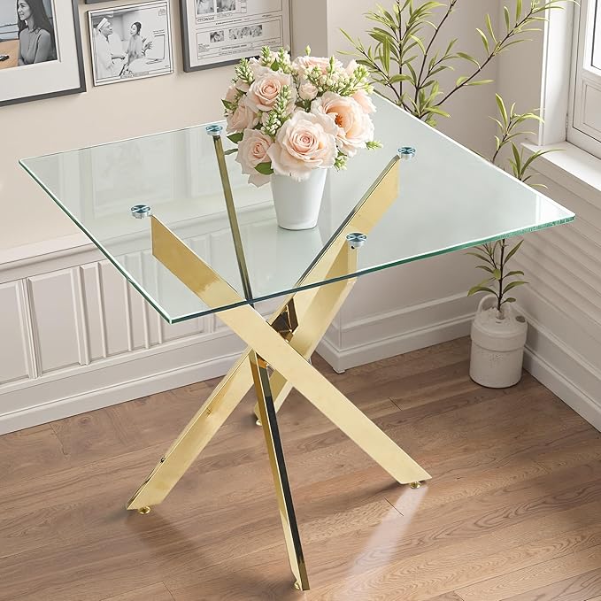 Dining Table for 4 Modern 35.43" Rectangular Glass Dining Table Kitchen & Dining Room Tables with Metal Base for Dining Room and Apartment, Golden