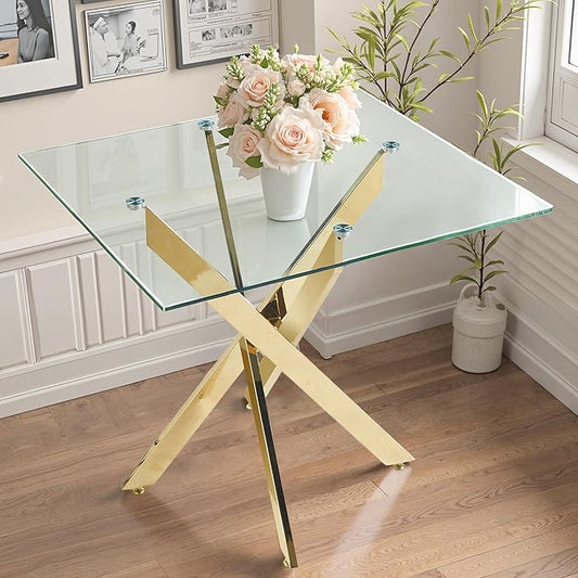 Dining Table for 4 Modern 35.43" Rectangular Glass Dining Table Kitchen & Dining Room Tables with Metal Base for Dining Room and Apartment, Golden