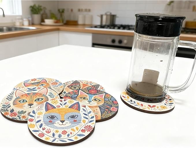 Coasters Set of 6, Wood Coasters for Drinks - Handcrafted Cat Design Thick Heat-Resistant for Beer, Coffee, Office, Bar, Farmhouse Home Decor, Tabletop Protection, for All Cups