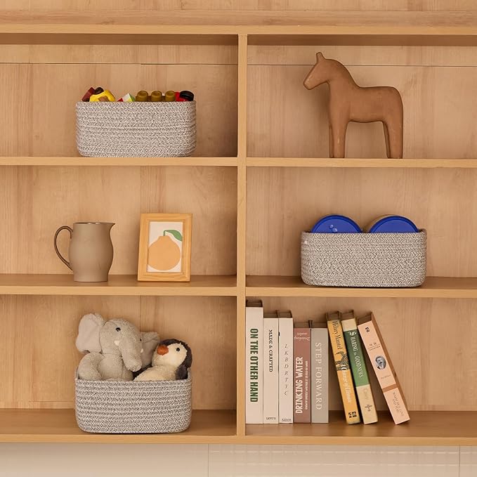 Small Square Shallow Baskets for Organizing, 9.7x9.7x4.3 Inch Rope Woven Storage Bins for Cubes Closet, Shelves Storage, Boho Decorative Basket, 2 Packs Mixed Grey