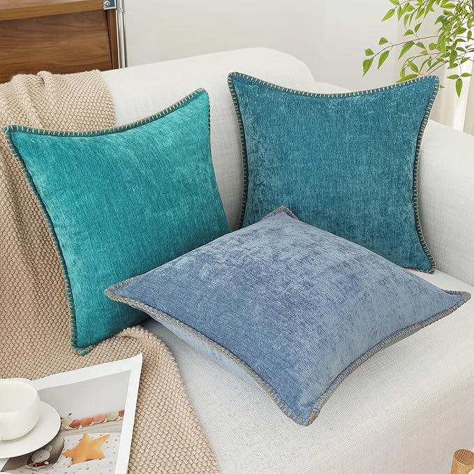 decorUhome Chenille Soft Throw Pillow Covers 12x20 Set of 2, Lumbar Velvet Farmhouse Neutral Decorative Euro Pillow Covers with Stitched Edge for Couch Sofa Bed Home Decor, Turquoise