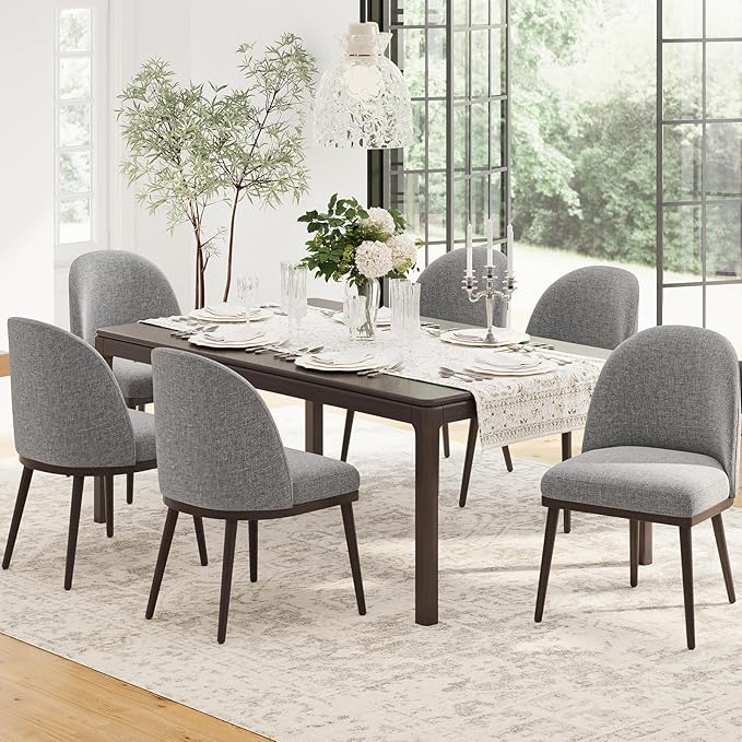 Upholstered Dining Chairs Set of 6, Large Dining Room Kitchen Chairs with High Back and Deep Seat, Modern Fabric Dinner Chairs with Wood Legs, Dark Grey