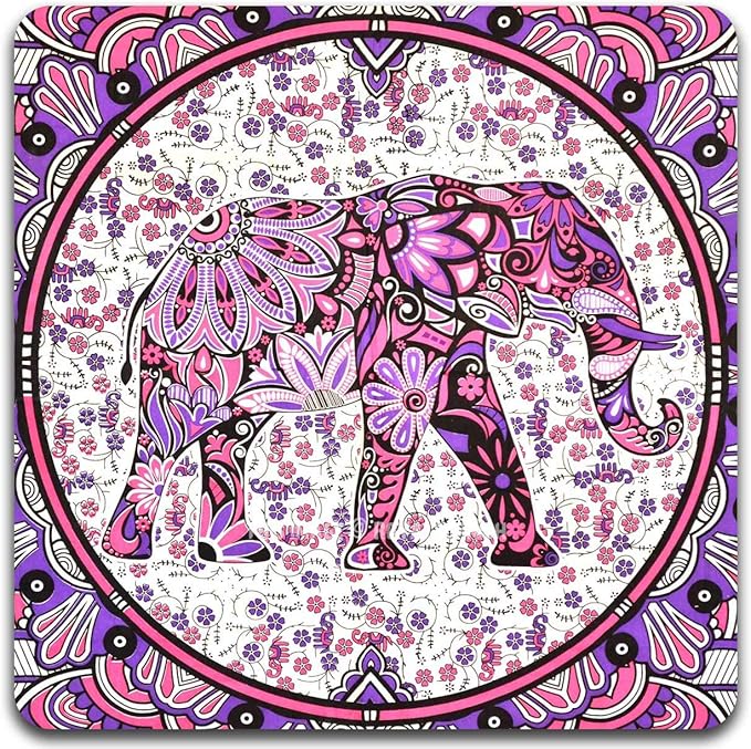 Hand Drawn Elephant Square Coaster Set - Made of Recycled Rubber - Set of 4