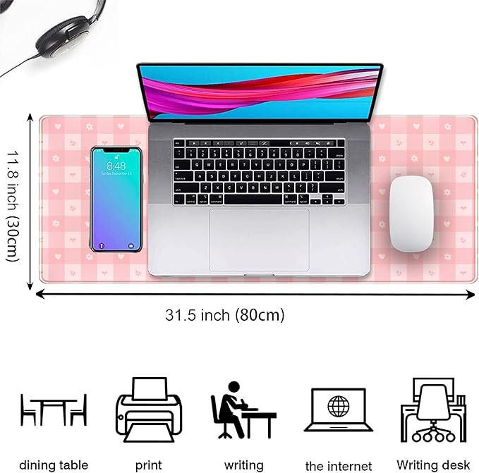Pink Minimalist Gingham Floral Desk Mat Gaming Mouse Pad Large Cute Pastel Desk Pad Deskmat Kawaii, Women Office Desk Cover Mat, Laptop Computer Keyboard Mat Mousepad Desk Accessories 31.5"x11.8"