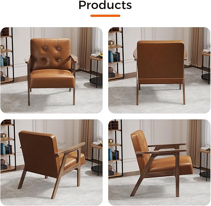 Casaottima PU Leather Accent Chair Mid Century Comfy Cozy Chair with Solid Wood Legs,Modern Arm Reading Chair with Button Tufted Back for Living Room Bedroom (Dark Brown)