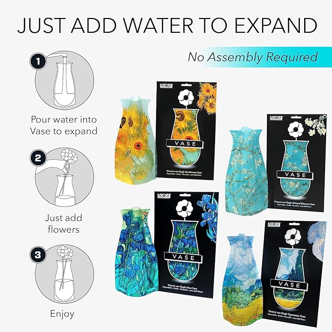 MODGY Expandable Flower Vase Set, Plastic Decorative Modern Foldable Printed Vases for Centerpieces for Wedding, Dining Table, Home Decor, Living Room, Bathroom, Office, Vincent Van Gogh, 4 Pack