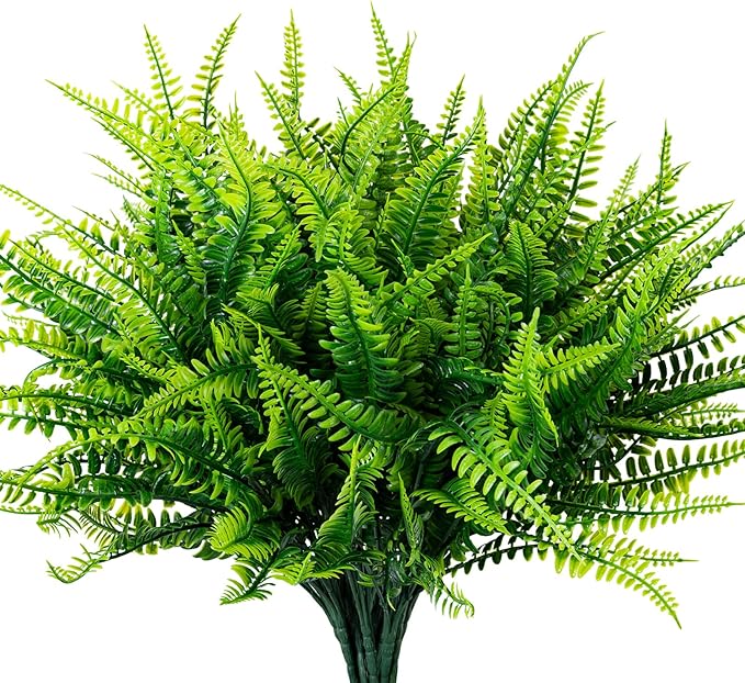 12 Bundles Artificial Fake Plants for Outdoor Faux Boston Fern for Home Decor UV Resistant Fake Plants Greenery for Front Porch Planter Indoor or Outdoor (Green)