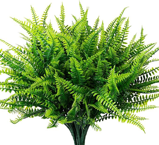 12 Bundles Artificial Fake Plants for Outdoor Faux Boston Fern for Home Decor UV Resistant Fake Plants Greenery for Front Porch Planter Indoor or Outdoor (Green)