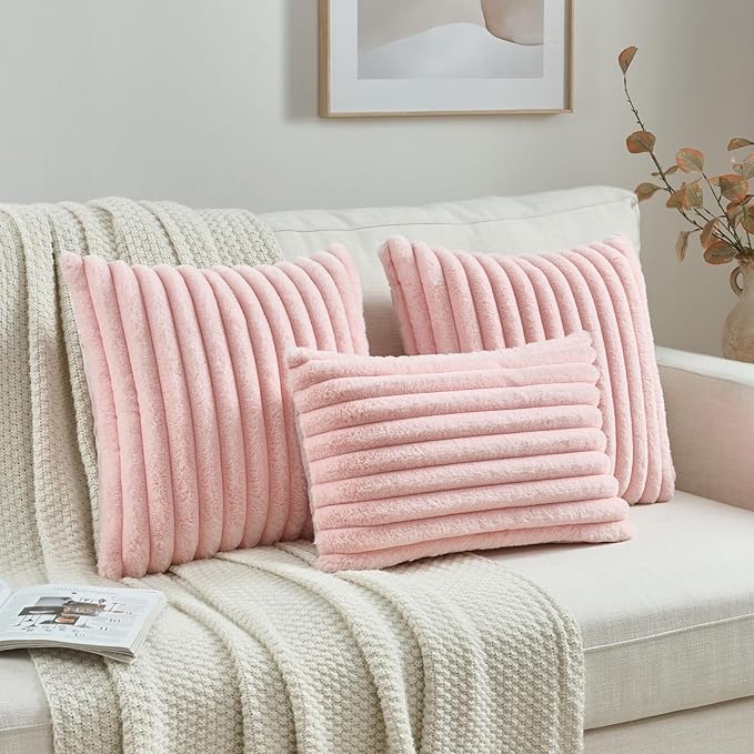 FUTEI Pink Striped Decorative Throw Pillow Covers 12x20 Inch Set of 2,Rectangle Fall Decorations Couch Lumbar Pillowcase,Soft Cozy Faux Rabbit Fur & Velvet Back,Modern Home Decor for Bed