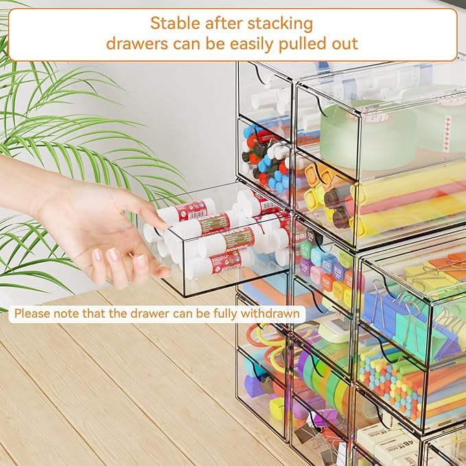 Yieach 9 Pack Small Acrylic Drawers With 18 Drawers,Clear Drawer Organizers Stackable,School,Office Supplies Organizer And Storage Bins for Stationery,Pen,Pencil,Craft,Glasses,Sunglass Organizer Case
