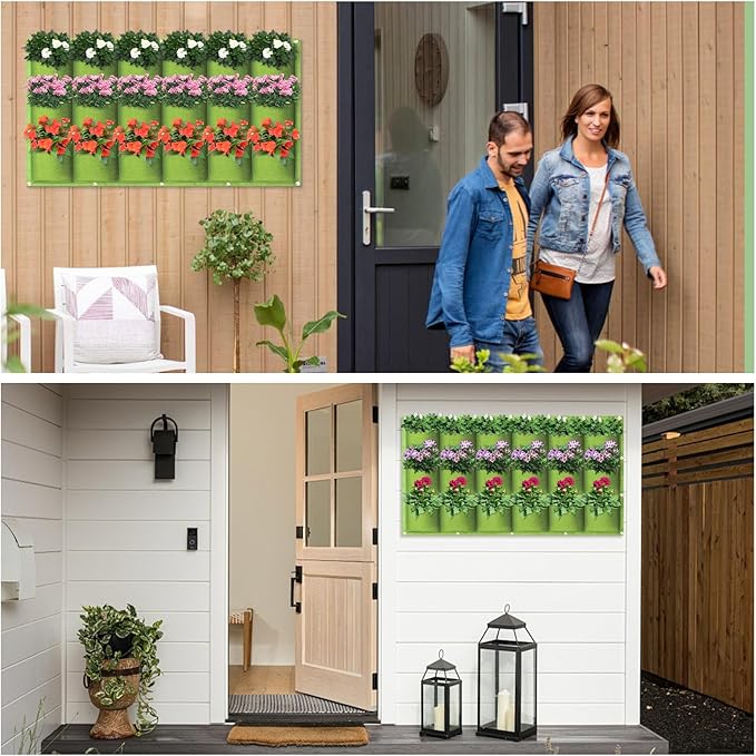 18 Pockets Hanging Grow Bags, 2 Pack Horizontal Wall Planter Plant Grow Bags Outdoor Indoor Hanging Planter for Balcony/Railing/Fence/Yard/Garden/Home Decoration, Green