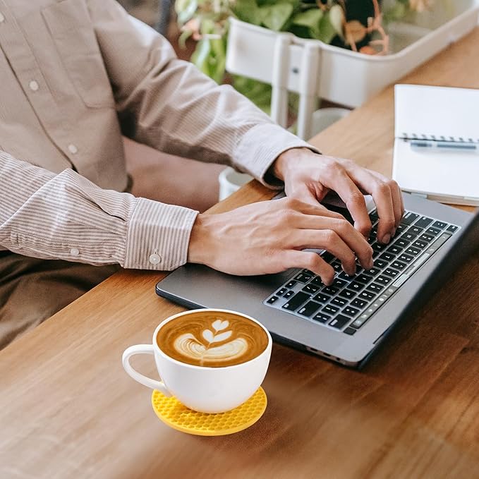 Silicone Coasters Set of 8 with Holder, Drinks Coasters, Beer & Coffee, Suitable for All Cups, Hot or Cold, Anti-Slip, Non-Stick, Anti-Overflow Tabletop Protection and Decor (8 Pcs, Yellow)