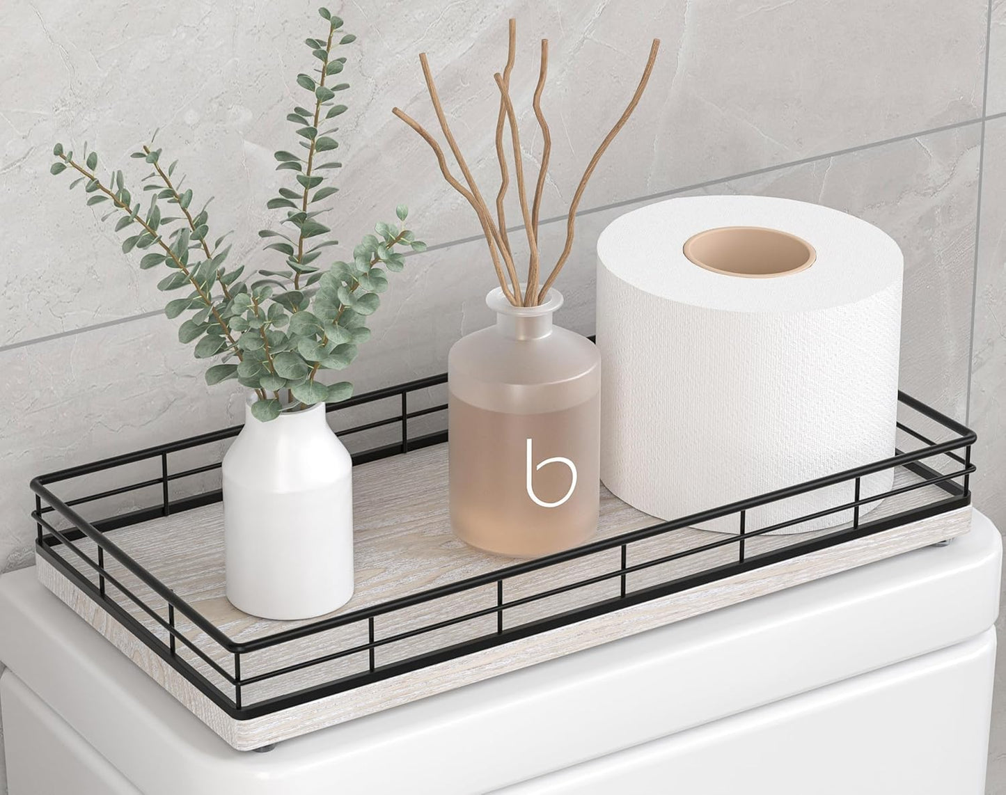 Toilet Paper Basket Organizer – Ash Wood Toilet Tank Tray with Metal Frame, Back of Tank or Top Bathroom Counter Storage – Black & Farmhouse White Modern Decor