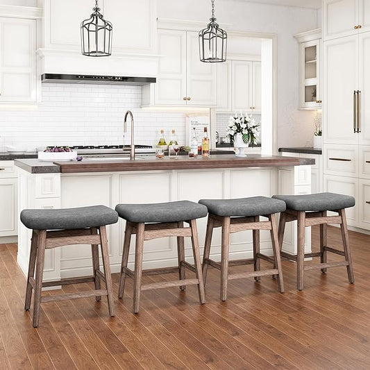PHI VILLA Farmhouse Bar Stools Set of 4 - Wood Bartools with Upholstered Saddle Seat, 24 inch stools for Kitchen Counter Set of 4