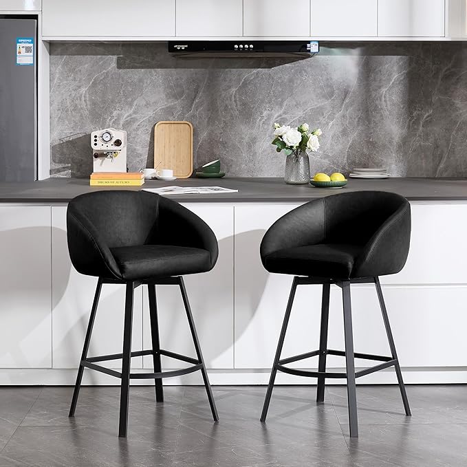 Zesthouse Swivel Counter Height Stools Set of 2, Modern Bar Stools for Kitchen Island, 26" Upholstered Kitchen Counter Height Barstools with Barrel Arms & Backs, Black Faux Leather Bar Chairs