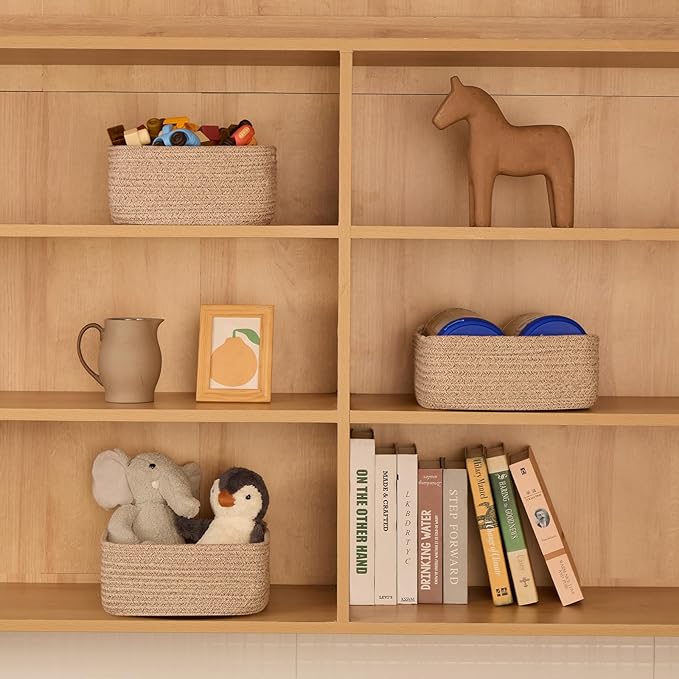 Small Square Shallow Baskets for Organizing, 9.7x9.7x4.3 Inch Rope Woven Storage Bins for Cubes Closet, Shelves Storage, Boho Decorative Basket, 2 Packs Mixed Brown