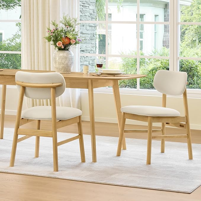 CHITA Upholstered Dining Chairs Set of 2, Mid Century Modern Kitchen & Dining Room Chairs, Solid Wood Frame in Oak, Chenille Fabric in Cream (White)