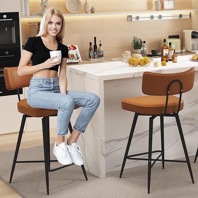 Swivel Counter Height Bar Stools Set of 4, 26" Leather Kitchen Swivel Counter Stools with Backs, Metal Legs and Footrest, Bar Chairs for Kitchen Island, Brown