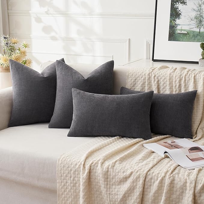 MIULEE Dark Grey Couch Pillow Covers 12x20 Inch, Set of 2 Soft Chenille Decorative Lumbar Throw Pillow Covers Farmhouse for Sofa Living Room Bed