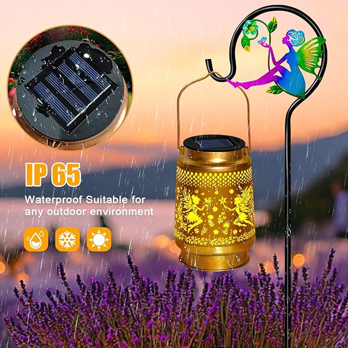 Solar Lanterns Outdoor Waterproof with Shepherd Hook,Solar Fairy Lights Garden Decor,Christmas Decorations Birthday Gift for Women Grandma,Hanging Decorative Lanterns for Outside Patio Lawn yard Porch