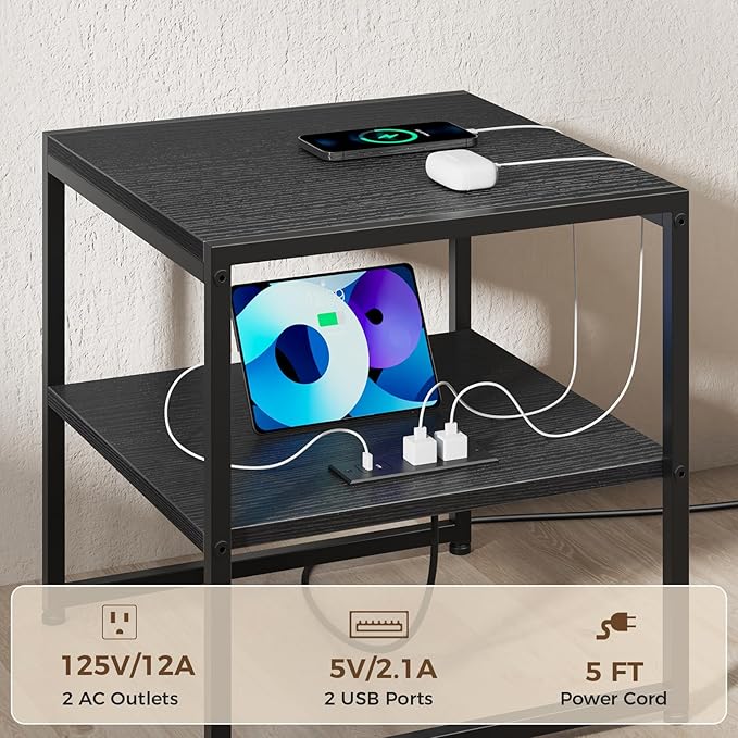 Tatub 20" End Table with Charging Station, Industrial Square Side Table with USB Ports & Outlets, Versatile 2-Tier Small Nightstand for Bedroom Living Room, Black