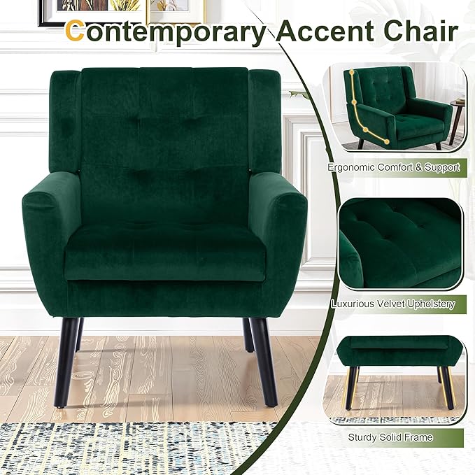 NicBex Modern Accent Chair for Living Room Upholstered Foam Filled Living Room Chairs with Metal Legs Velvet Cozy Lounge Armchair for Living Room Bedroom,Retro Green