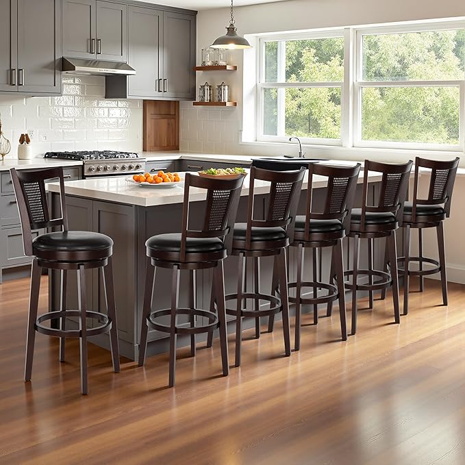 ALPHA HOME Swivel Bar Stools Set of 6, Kitchen Stools with Backs, 30 Inch Wooden Bar Stools, 360 Degrees Swivel Chair with Upholstered, Wrap-Around Footrest Counter Chair, Dark Brown