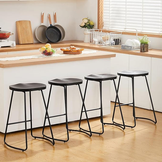 HeuGah Bar Stools Set of 4, Saddle Seat Bar Stools with Metal Legs, Rustic Backless Counter Height Stools (Black, 4 PCS 26Inch Counter Chair)