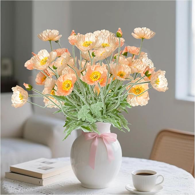 Artificial Poppy Flowers, 5 Bundles Faux Poppies with Stems for Floral Arrangements - Wedding, Home, Office, Party Table Centerpiece Decor (Light Peach)