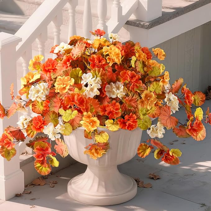 Artificial Fall Flowers for Outdoor Decor 2 Pcs UV Resistant Fake Flowers, Faux Fall Flowers for Outdoor Planters Autumn Silk Flowers for Porch Garden Patio Yard Halloween Decorations