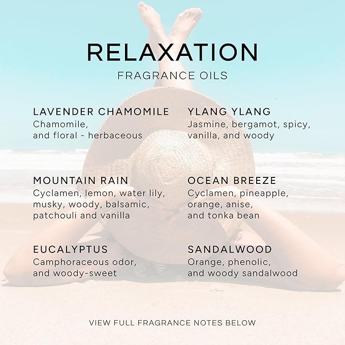 Eternal Essence Oils Relaxation Set of 6 Premium Fragrance Oils - Includes Lavender Chamomile, Ylang Ylang, Mountain Rain, Ocean Breeze, Eucalyptus, and Sandalwood Scented Oils - 10ML