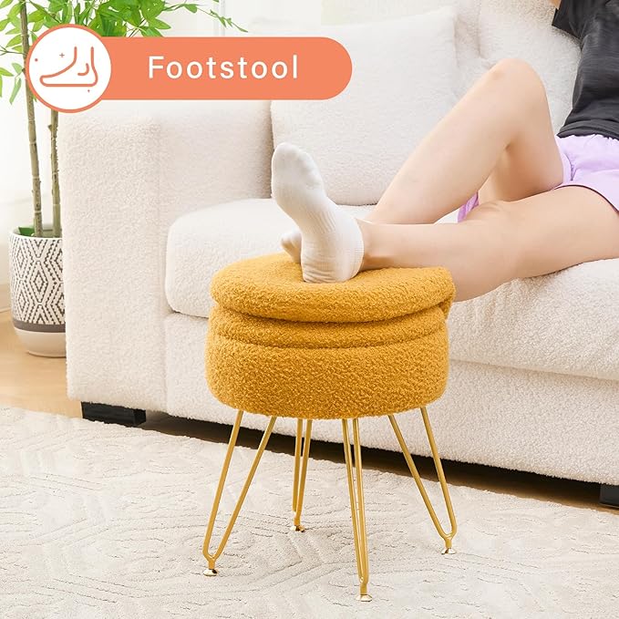Storage Ottoman Vanity Stool Chair with Folding Back Teddy Velvet Makeup Chair Multifunctional Upholstered Footstool,4 Metal Legs with Anti-Slip Feet for Bedroom Living Room Entryway
