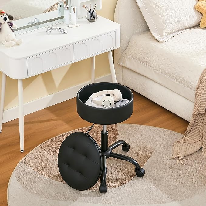 Rolling Stool, Adjustable Height Leather Esthetician Stool Thick Seat Cushion 20.67"-24.61", Black Vanity Chair with Storage