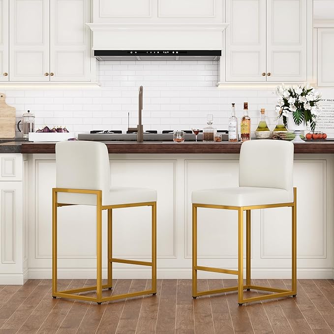 PHI VILLA Bar Stools Set of 2 - Bar Stools with Back Leather Stools for Kitchen Counter, White and Gold Counter Height Bar Stool