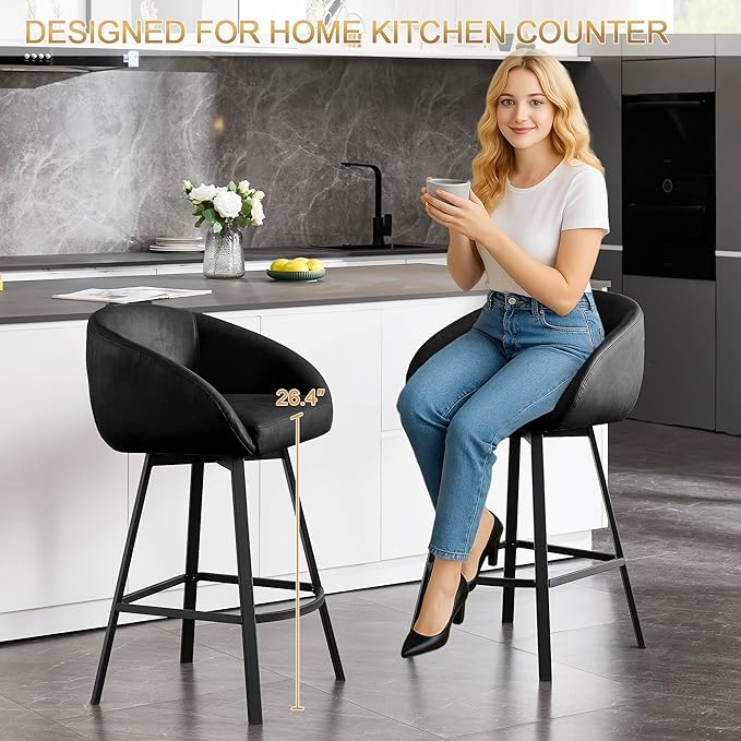 Zesthouse Swivel Counter Height Stools Set of 2, Modern Bar Stools for Kitchen Island, 26" Upholstered Kitchen Counter Height Barstools with Barrel Arms & Backs, Black Faux Leather Bar Chairs