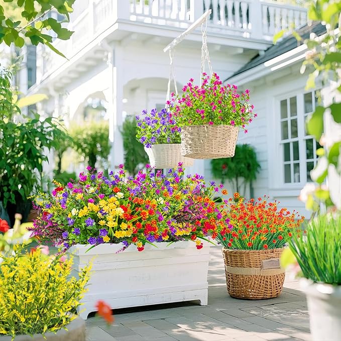 Ouddy Decor 16 Bundles Artificial Flowers for Outdoors Fake Plastic Plants Faux Shrubs Greenery Wheat Grass UV Resistant for Spring Summer Garden Patio Window Box Office Table Kitchen Home Decoration