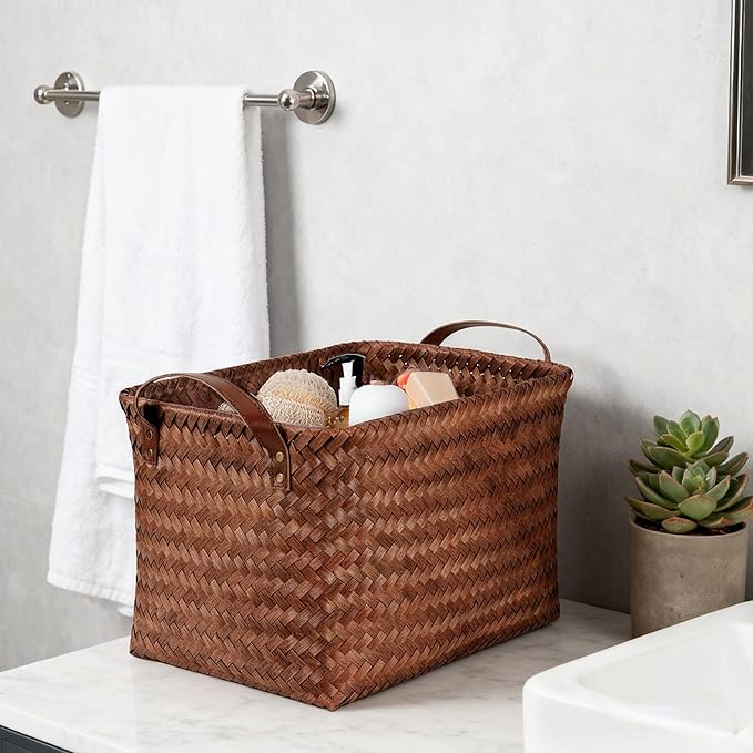 15L Laundry Baskets Waterproof Storage Baskets For Shelves Large Laundry Hamper With Leather Handle -set of 6 Cube Organizers Woven Bins for Bathroom,Bedroom,Pantry,Clothes,Car & Towels-Brown